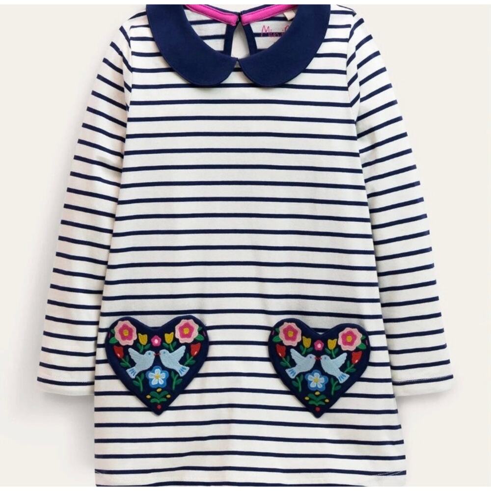 Mini Boden Navy White Stripe Heart Pocket Birds Peter Pan Collar Dress Girl sz 7